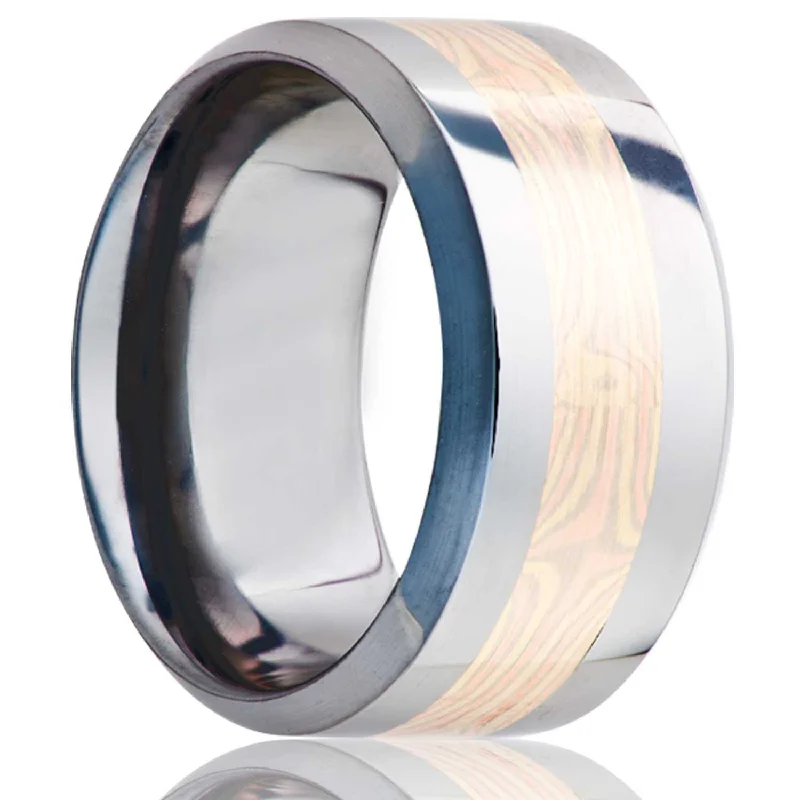 Elegant bands for women with diamonds-Rose & White Gold Mokume Gane Inlay Tungsten Wedding Band