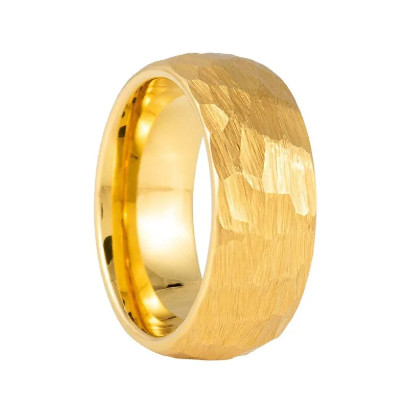 Women’s rings with artistic designs-Domed Hammered Gold Tungsten Men's Wedding Band