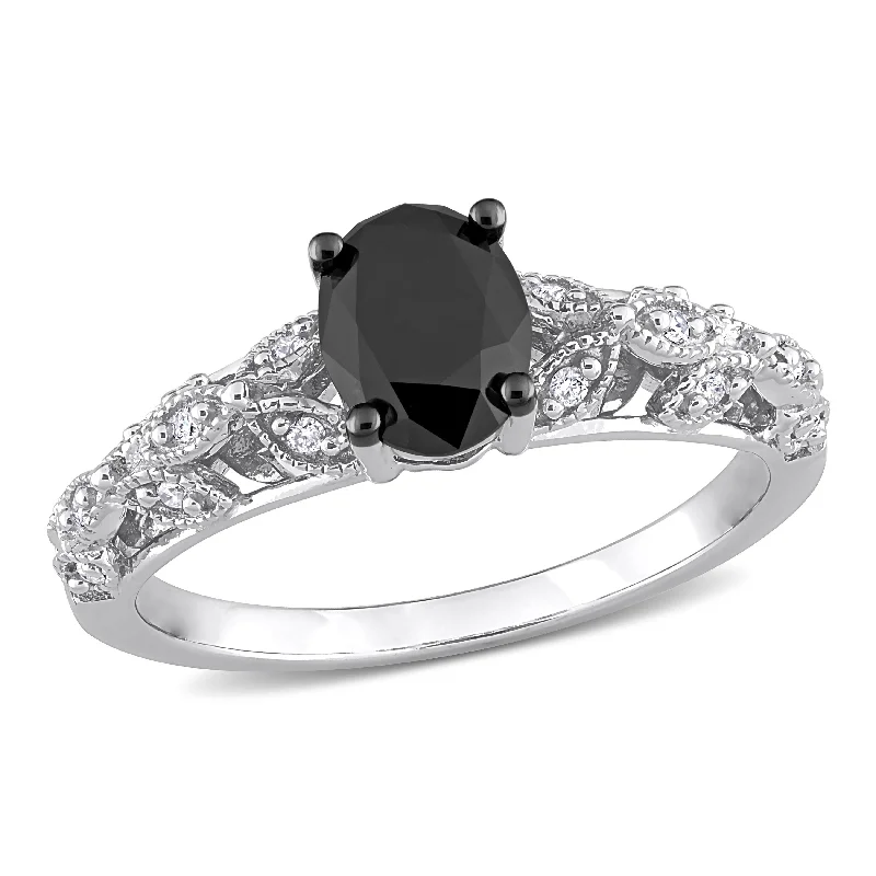 Engagement rings with radiant cut diamonds-Miadora 1ct TDW Oval-cut Black and White Diamond Vintage Leaf Engagement Ring in 14k White Gold