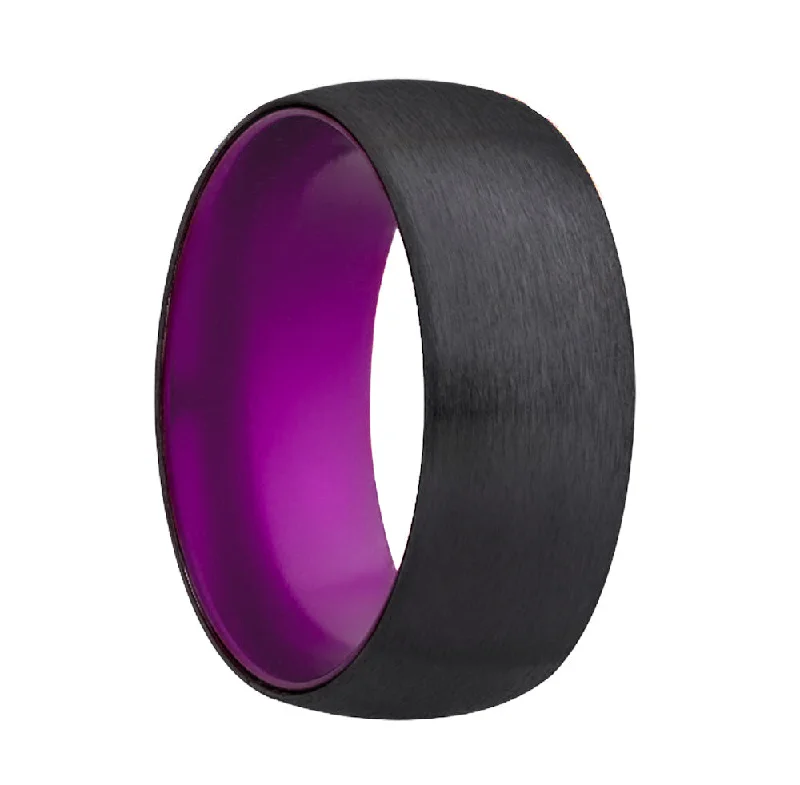 Simple silver rings for women-Domed Satin Zirconium Wedding Band with Purple Center