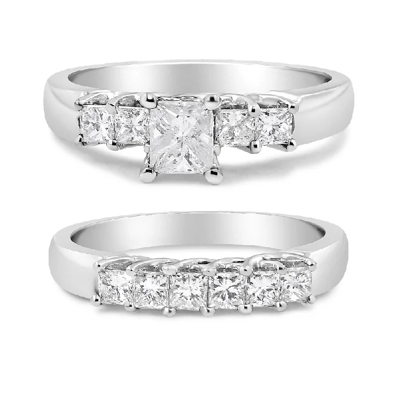 Stunning emerald-cut engagement rings-14K White Gold 1 1/2 Cttw 5 Stone Princess Diamond Engagement Wedding Ring Set