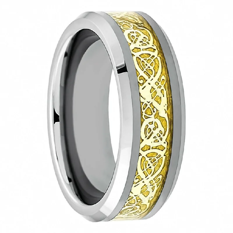 Women’s rings with oval diamonds-Gold Celtic Dragon Inlay Tungsten Men's Wedding Band