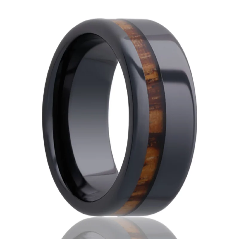 Minimalist rings for women-Asymmetrical Zebra Wood Inlay Ceramic Wedding Band