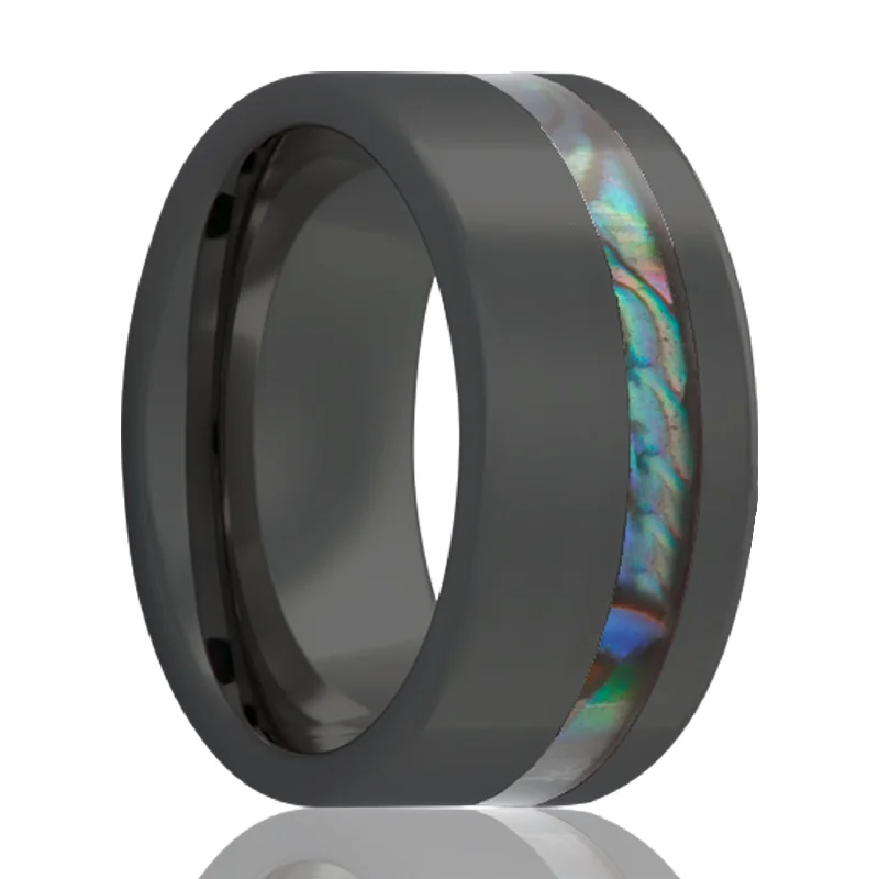 Fashion rings for women with colored stones-Asymmetrical Abalone Inlay Ceramic Wedding Band