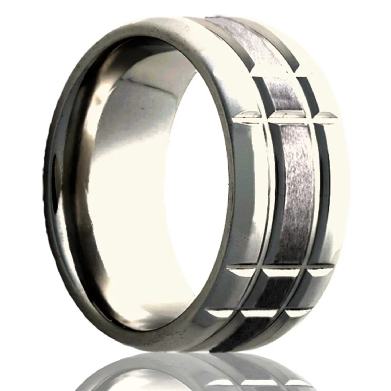 Adjustable rings for women-Intersecting Grooves Satin Finish Titanium Wedding Band with Beveled Edges