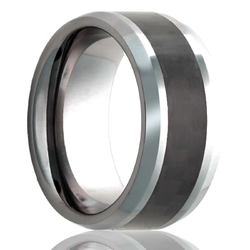 Elegant eternity rings for women-Carbon Fiber Inlay Tungsten Wedding Band with Beveled Edges