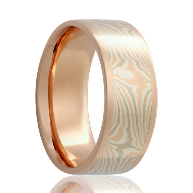 Affordable engagement rings for women-14k White & Rose Gold with Shakudo Mokume Gane Inlay Wedding Band