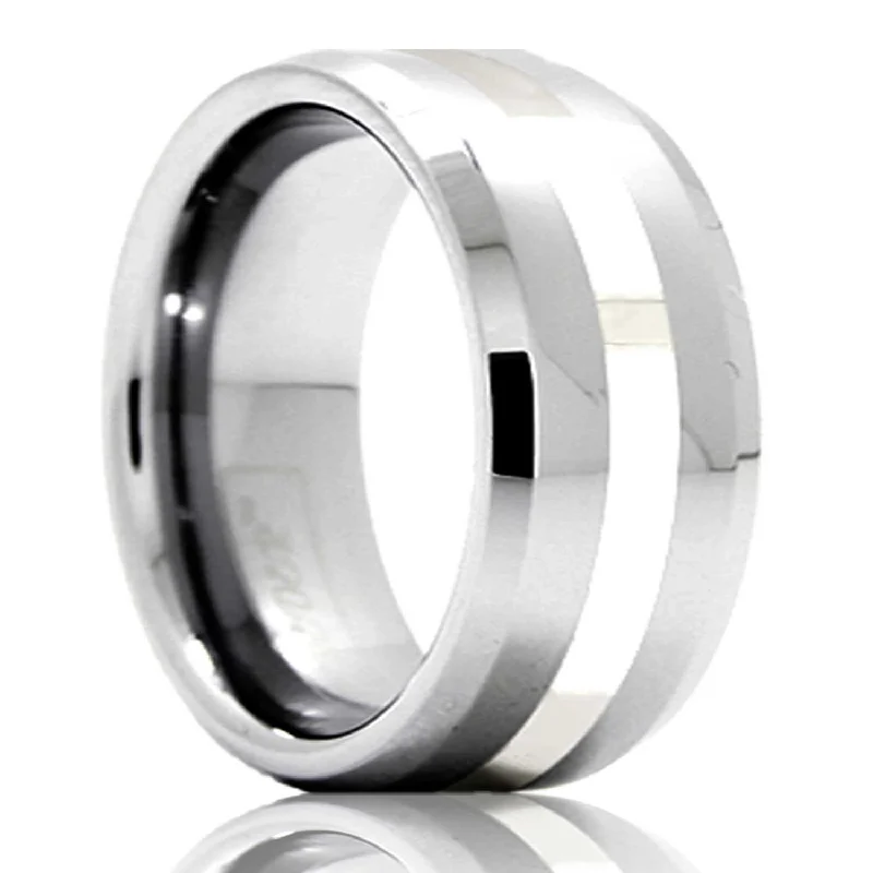 Custom rings with your birthstone-Platinum Inlay Tungsten Wedding Band with Beveled Edges