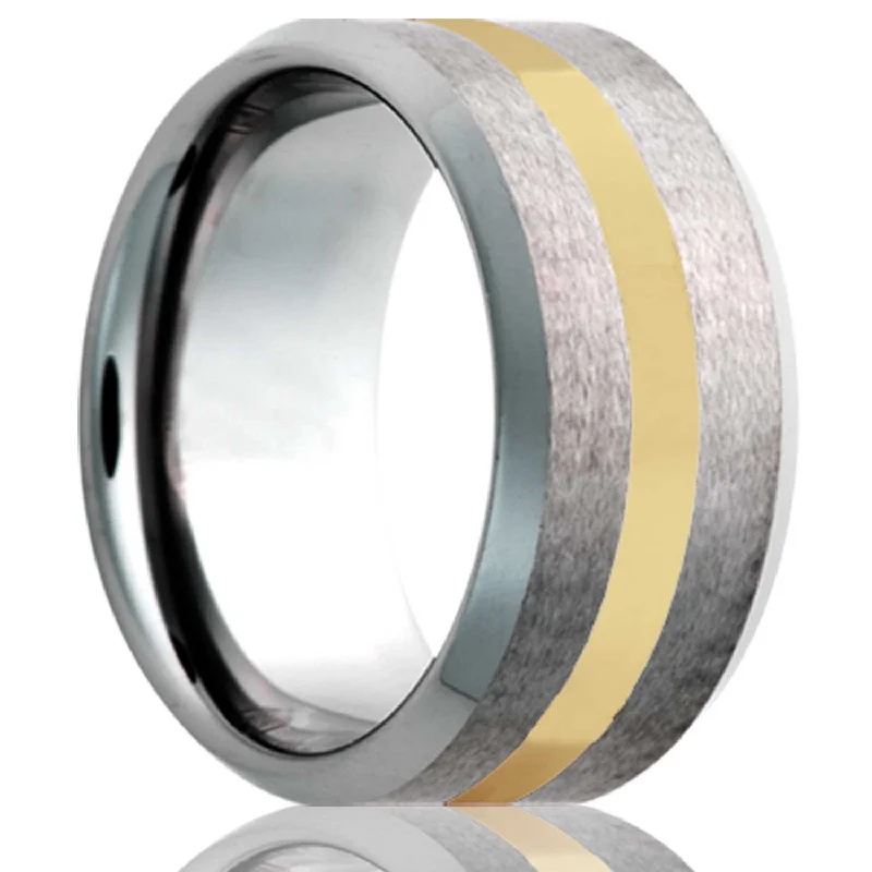 Elegant platinum rings for women-14k Yellow Gold Inlay Satin Cobalt Wedding Band with Beveled Edges