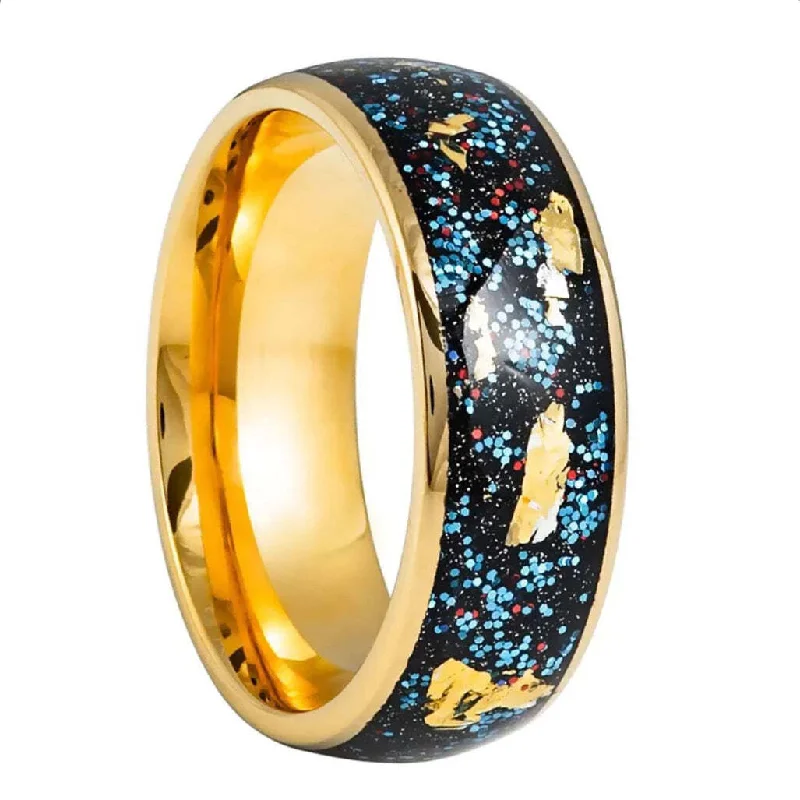 Elegant platinum rings for women-Confetti & Gold Flake Inlay Gold Tungsten Men's Wedding Band