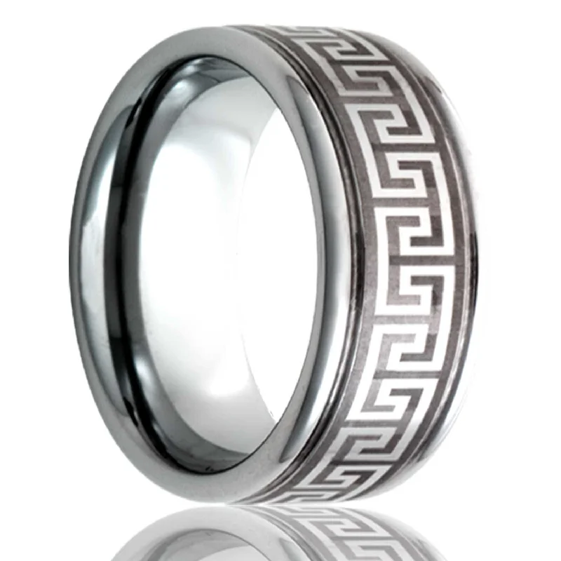 Trendy silver rings for women-Greek Key Grooved Titanium Wedding Band