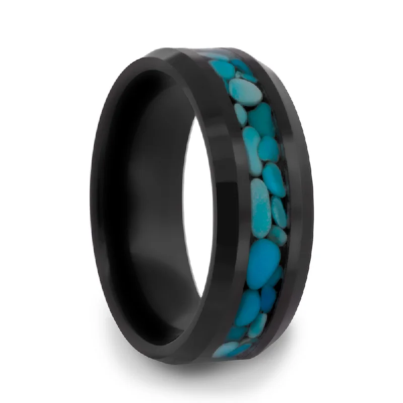 Beautiful rings for women with ruby accents-Black Ceramic Men's Wedding Band with Turquoise Pebbles Inlay