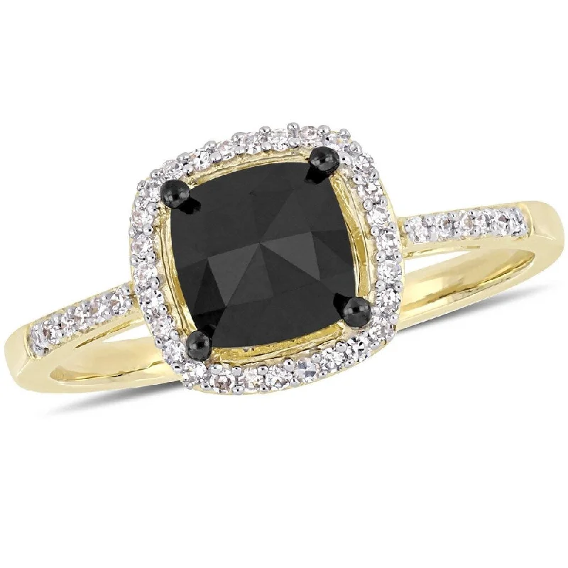 Vintage engagement rings for women-Miadora 14k Yellow Gold with Black Rhodium 1ct TDW Black and White Diamond Halo Engagement Ring