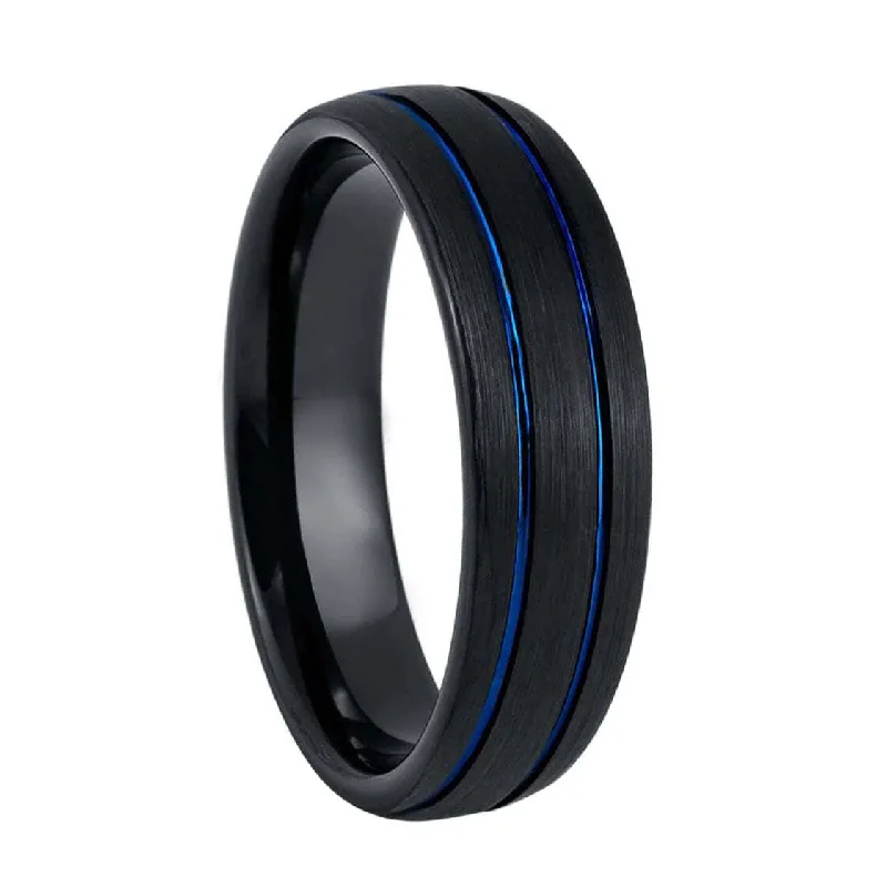 Women’s statement rings with gemstones-Dual Blue Grooves Brushed Domed Women's Black Tungsten Wedding Band