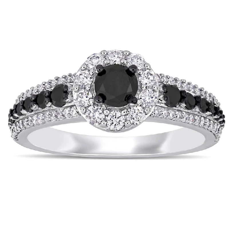 Custom-made engagement rings for women-Miadora 14k White Gold with Black Rhodium 1ct TDW Black and White Diamond Halo Engagement Ring