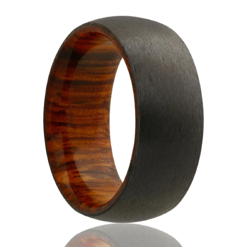 Classic diamond rings for women-Domed Satin Zirconium Wedding Band with Cocobolo Wood Center