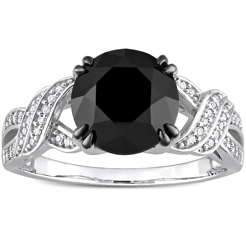 Engagement rings with marquise cut diamonds-Miadora 3-1/8 ct TDW Black & White Diamond Crisscross Engagement Ring in 10k White Gold