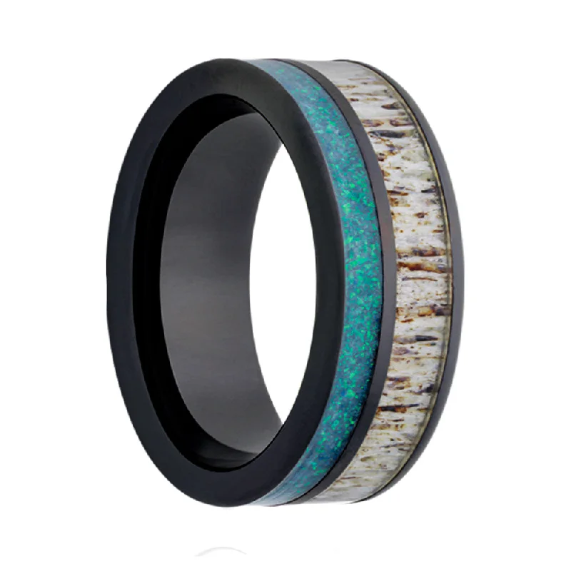 Classic cocktail rings for women-Asymmetrical Deer Antler & Blue Opal Black Ceramic Men's Wedding Band