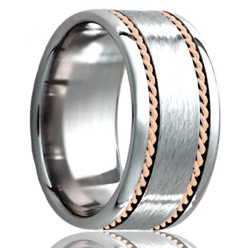 Minimalist rings for women-Dual Hand Woven 14k Rose Gold Inlay Satin Finish Cobalt Wedding Band