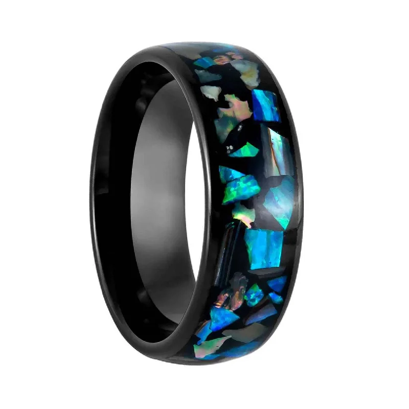 Minimalist engagement rings for women-Abalone & Opal Inlay Black Tungsten Men's Wedding Band