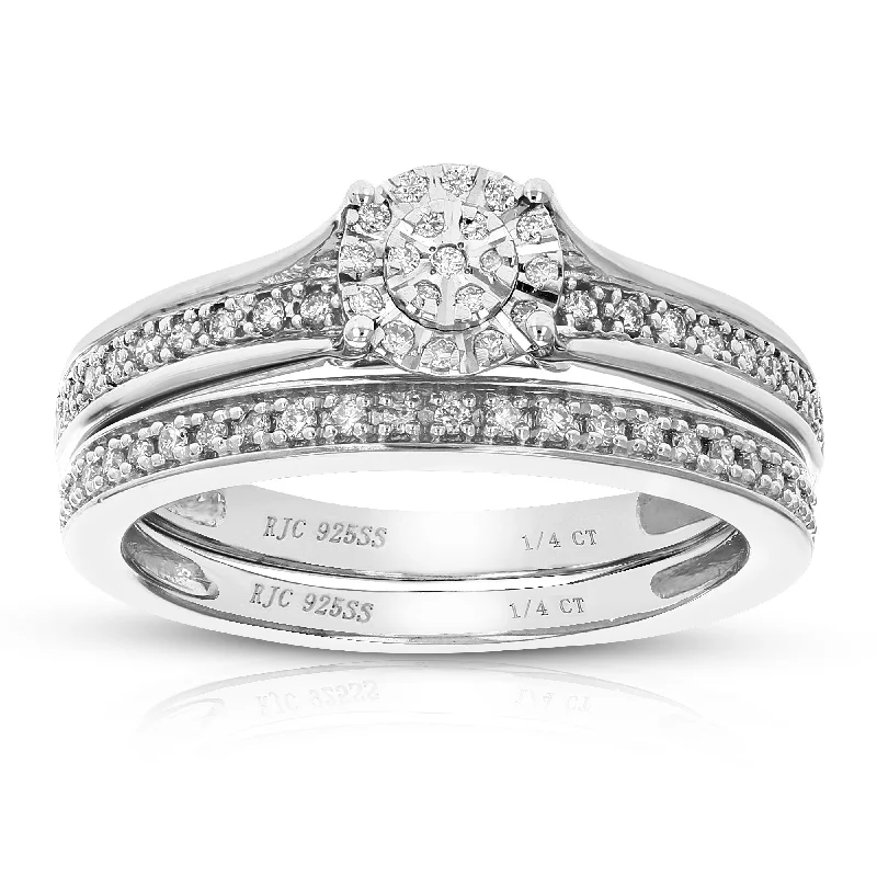 White gold engagement rings for women-1/4 cttw Lab Created Diamond Engagement Bridal Set Sterling Silver