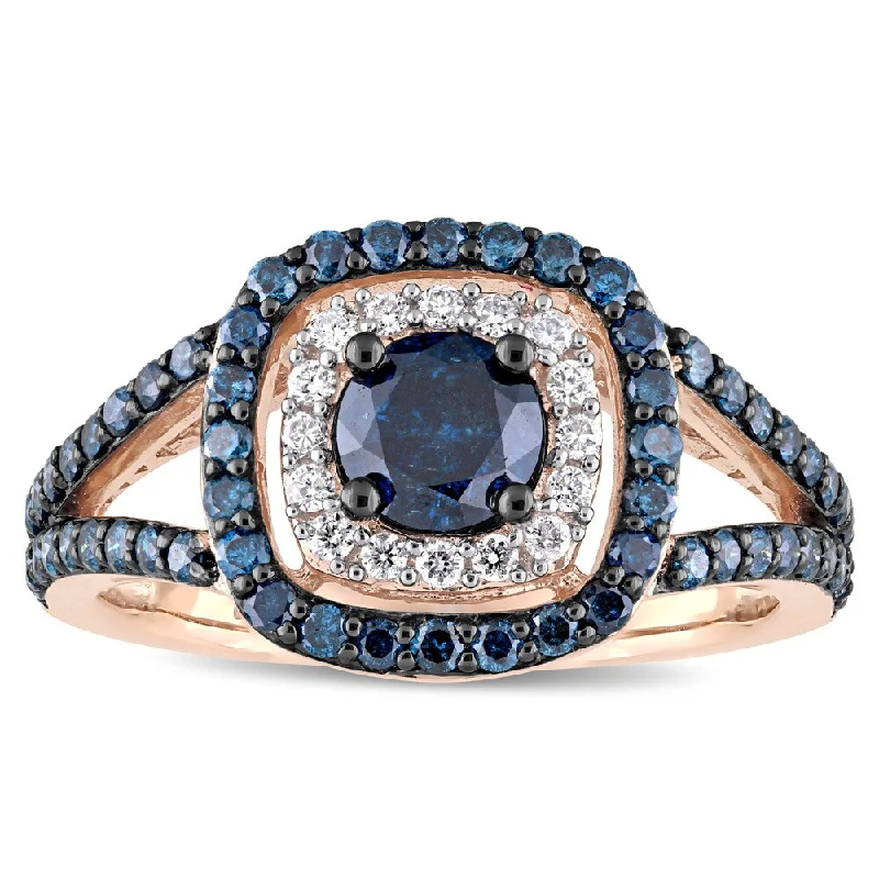 Custom designed engagement rings-Miadora Signature Collection 10k Rose Gold with Black Rhodium 1-1/3ct TDW Blue and White Diamond Double Halo Engagement Ring