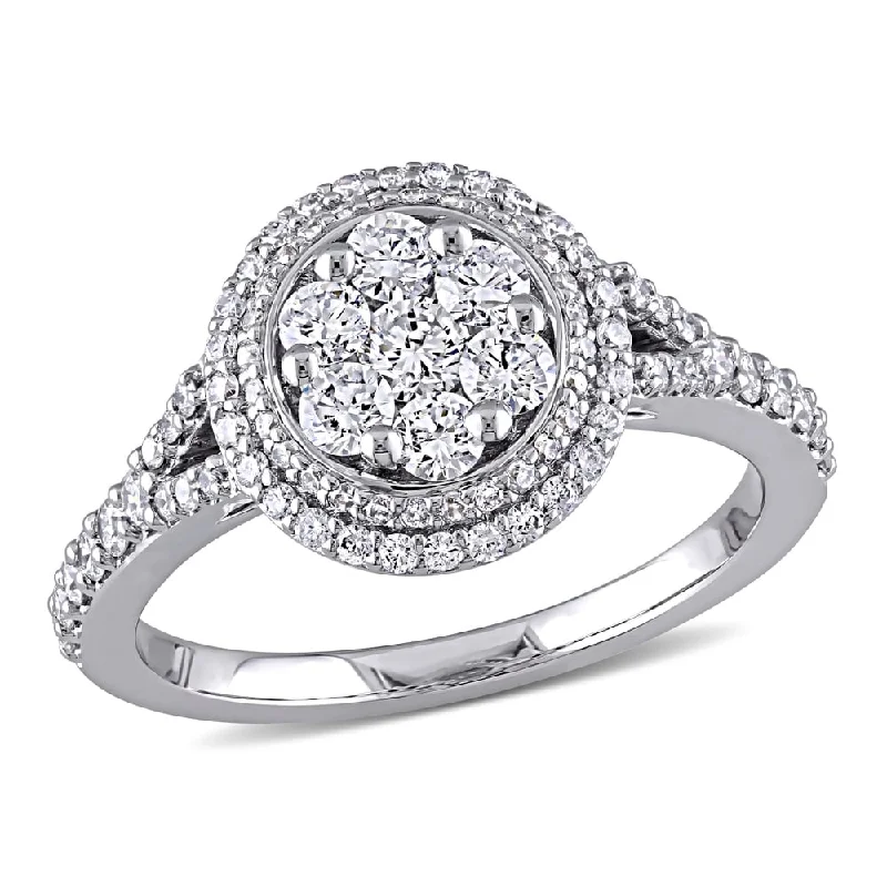 Affordable engagement rings for brides-1ct TDW Diamond Flower Double Halo Engagement Ring in 14k White Gold by The Miadora Signature Collec