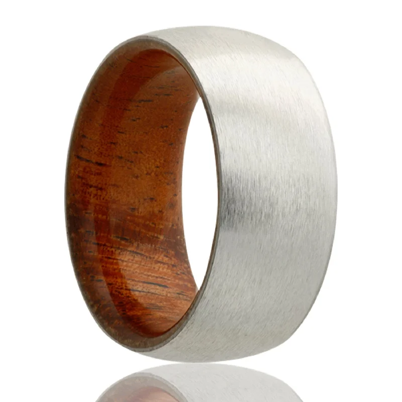 Women’s stacking rings in silver-Domed Satin Cobalt Wedding Band with Koa Wood Center