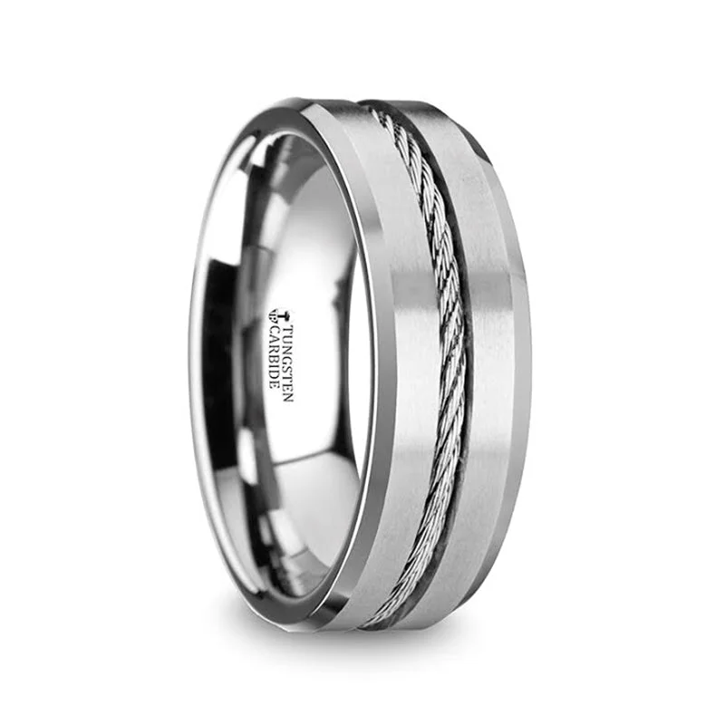 Stylish rings with pave diamonds for women-Tungsten Men's Wedding Band with Steel Wire Cable Inlay