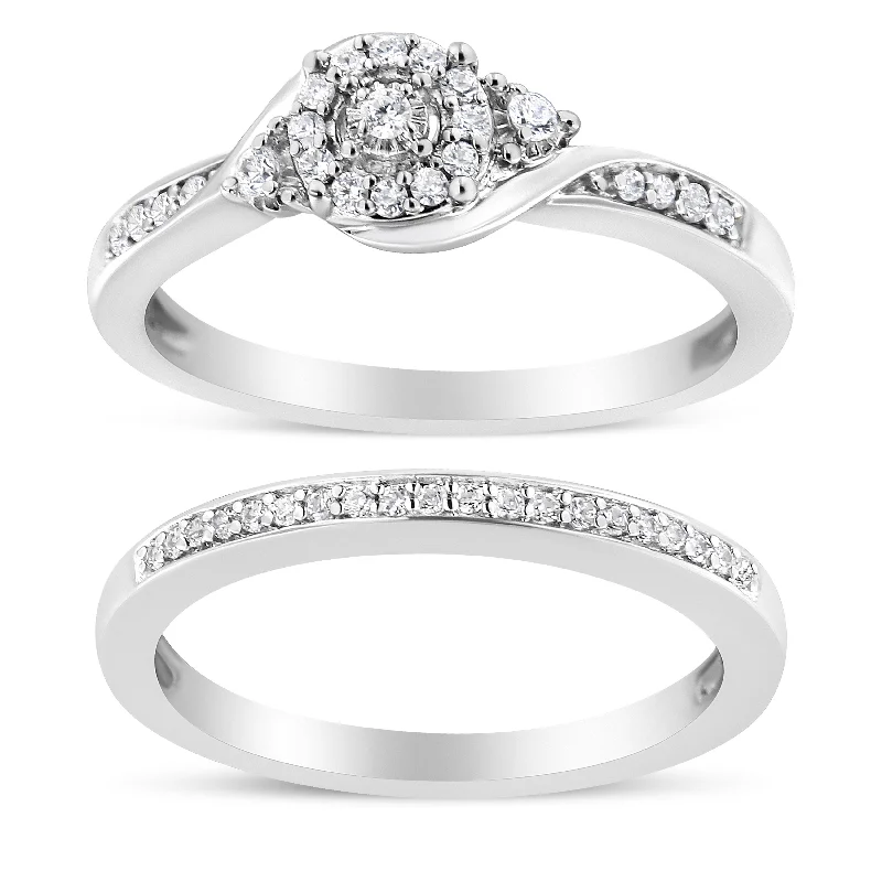 Engagement rings with rose-cut diamonds-.925 Sterling Silver 1/4 Cttw Diamond Halo and Swirl Engagement Ring and Wedding Band Set