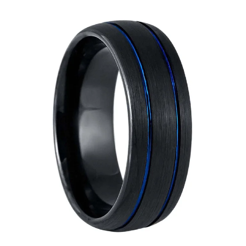 Affordable diamond rings for women-Dual Blue Groove Brushed Domed Black Tungsten Men's Wedding Band