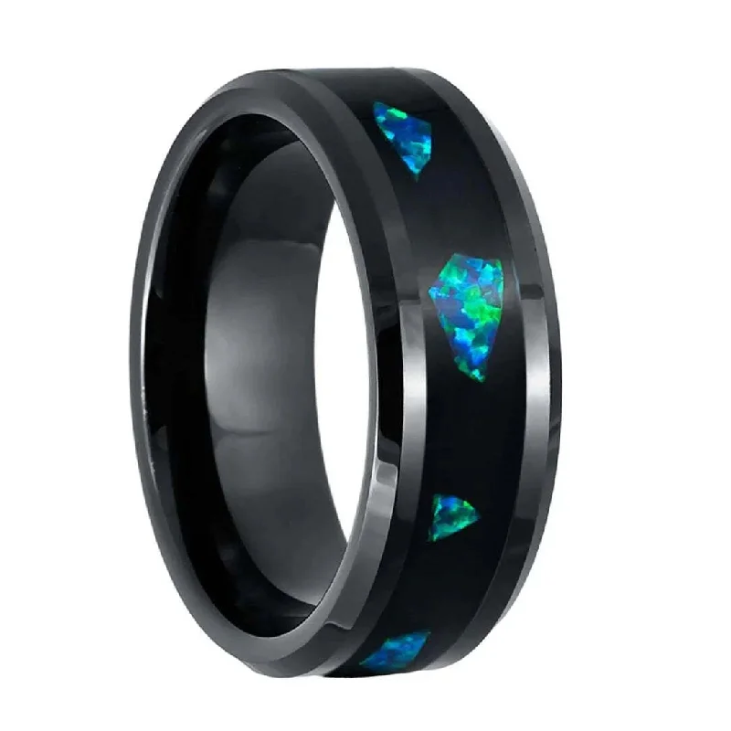 Trendy gemstone rings for women-Abalone Inlay Black Tungsten Men's Wedding Band