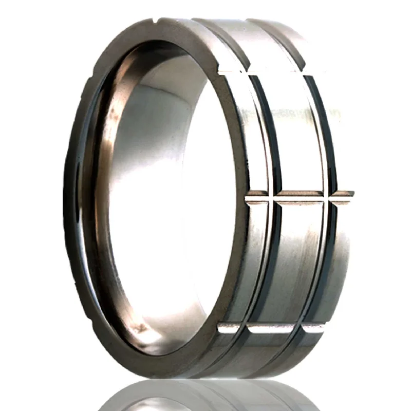 Women’s fashion rings with floral accents-Intersecting Groove Pattern Titanium Wedding Band