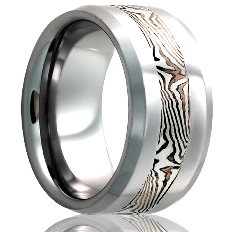 Luxury rings for women with diamond accents-Sterling Silver & Shakudo Mokume Gane Inlay Tungsten Wedding Band with Beveled Edges