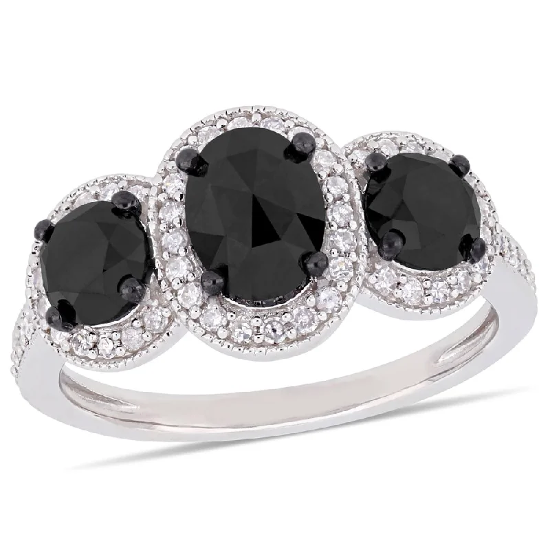 Women’s engagement rings with diamonds-Miadora Sterling Silver with Black Rhodium 2-2/5ct TDW Black and White Diamond 3-Stone Halo Engagement Ring