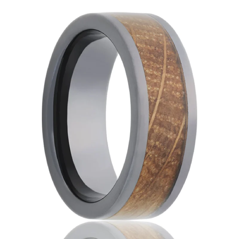 Custom-designed rings for ladies-Whiskey Barrel Wood Inlaid Ceramic Wedding Band