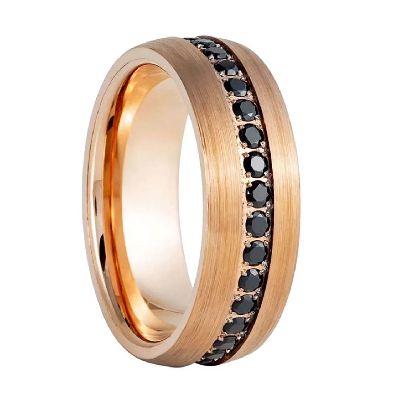 Trendy silver rings for women-Rose Gold Tungsten Men's Wedding Band with Black Cubic Zirconia