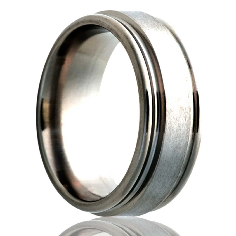 Women’s statement rings with large gemstones-Satin Finish Titanium Wedding Band with Grooved Edges