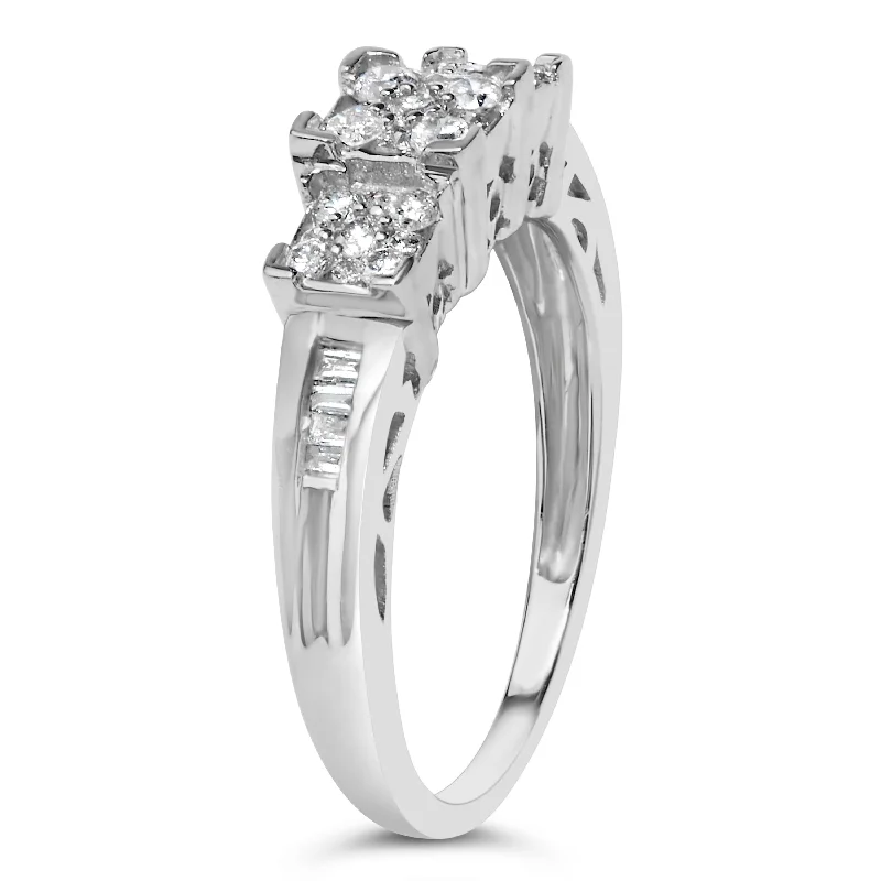 Diamond engagement rings with halo-10K White Gold 1/2 Cttw Brilliant & Baguette Cut Diamond 3 Stone Design with 3 Square Clusters Engagement Ring