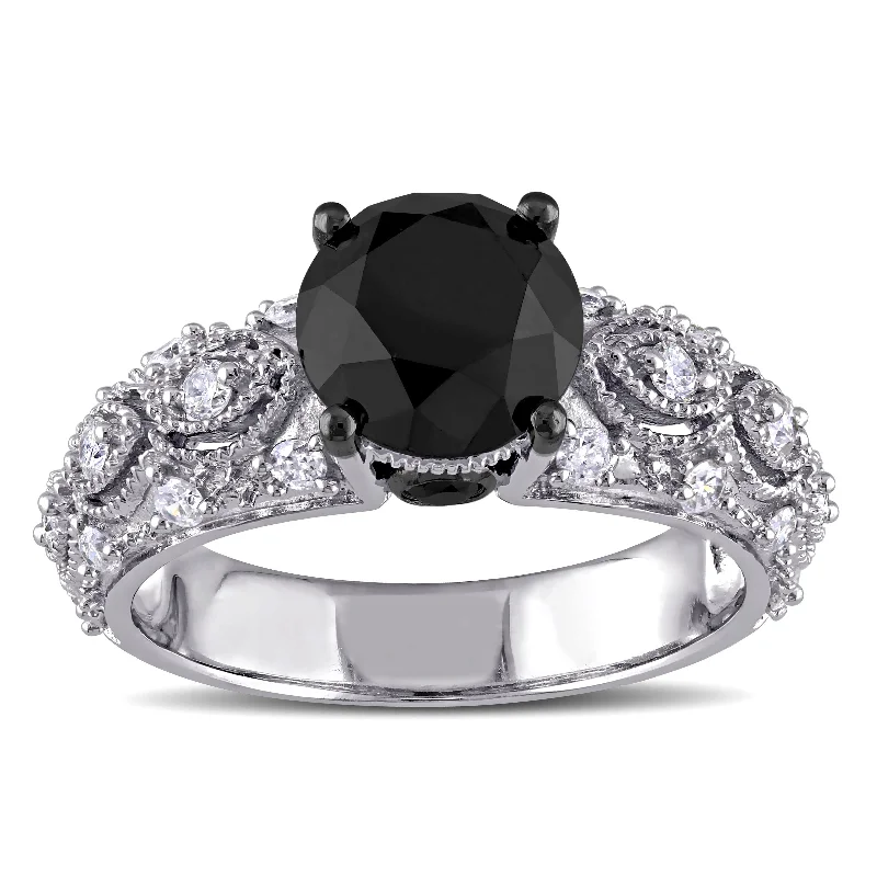 Women’s engagement rings with multiple diamonds-Miadora Signature Collection 10k White Gold 3ct TDW Black and White Diamond Vintage Engagement Ring