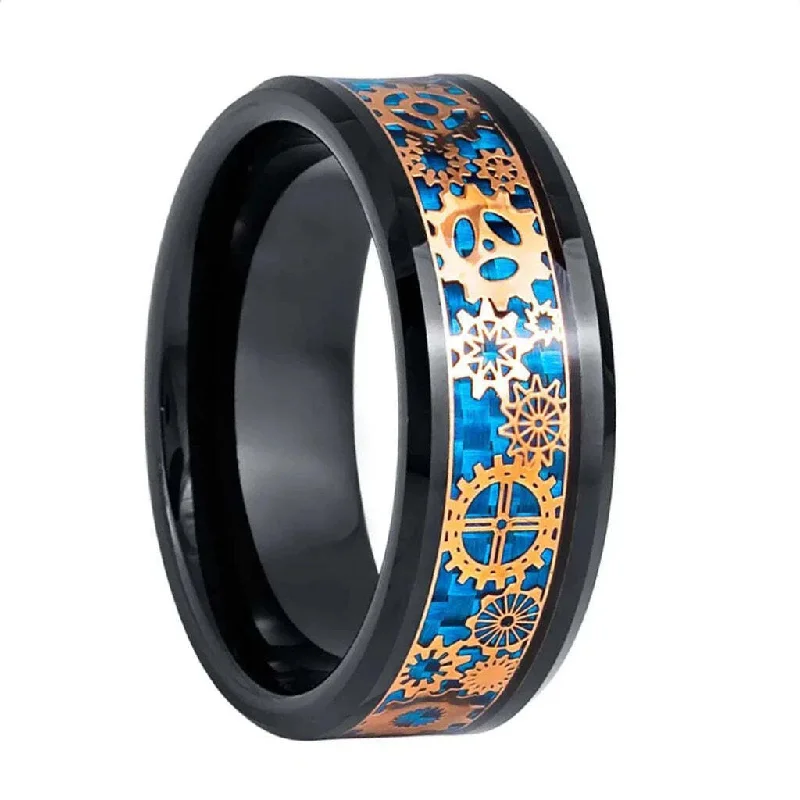 Beautiful rings for women with ruby accents-Blue Steampunk Gear Inlaid Black Tungsten Men's Wedding Band