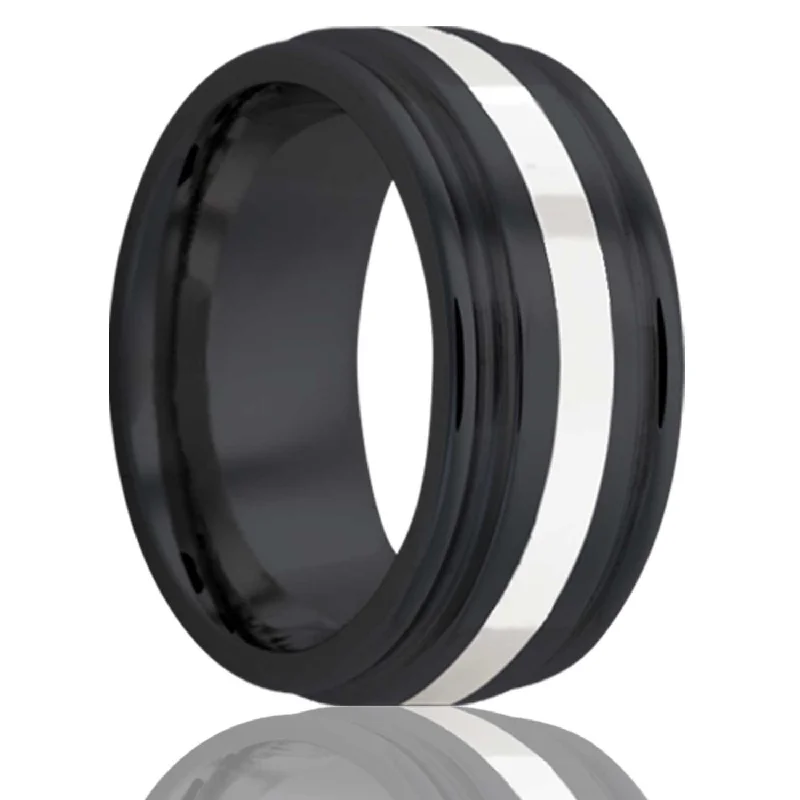 Vintage-style rings for ladies-Argentium Silver Inlaid Zirconium Wedding Band with Satin Finish & Grooved Edges