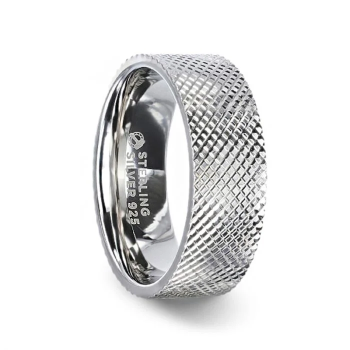 Minimalist rings for women-Diagonal Knurl Grooved Silver Men's Wedding Band