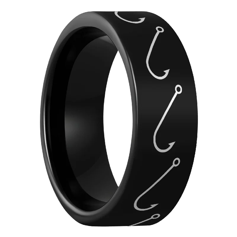 Simple gold rings for women-Simple Fishing Hook Black Tungsten Men's Wedding Band