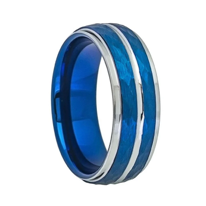 Elegant silver rings for women-Hammered & Grooved Blue Tungsten Men's Wedding Band