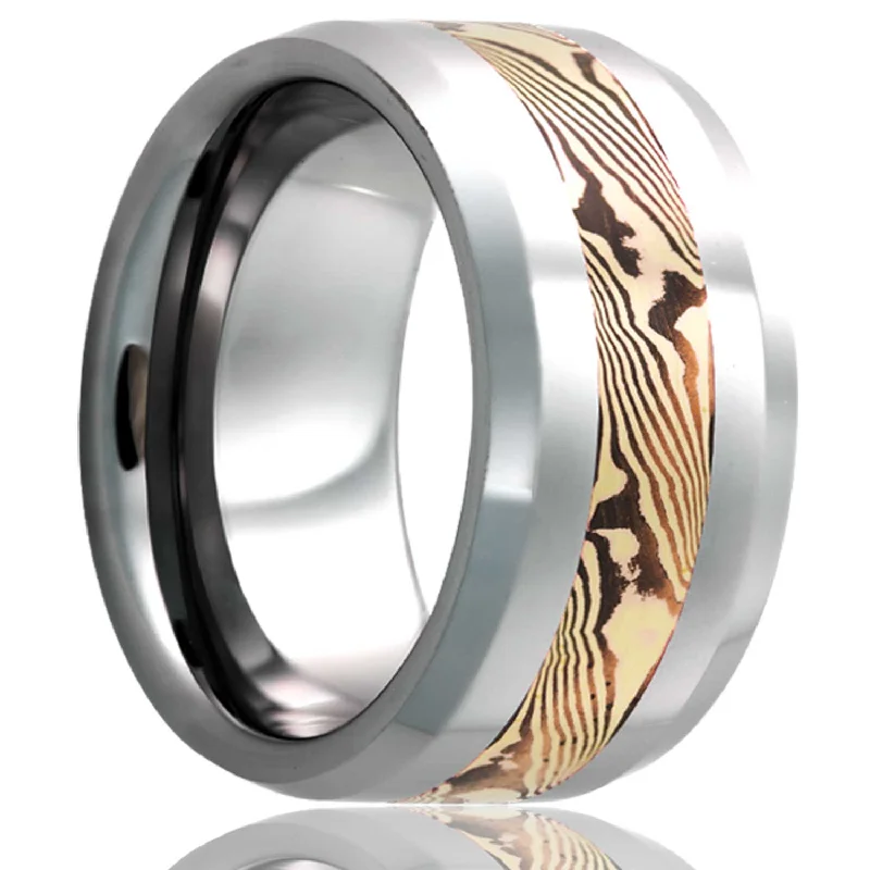 Elegant wedding rings for women-Mokume Gane Inlay Tungsten Wedding Band with Beveled Edges