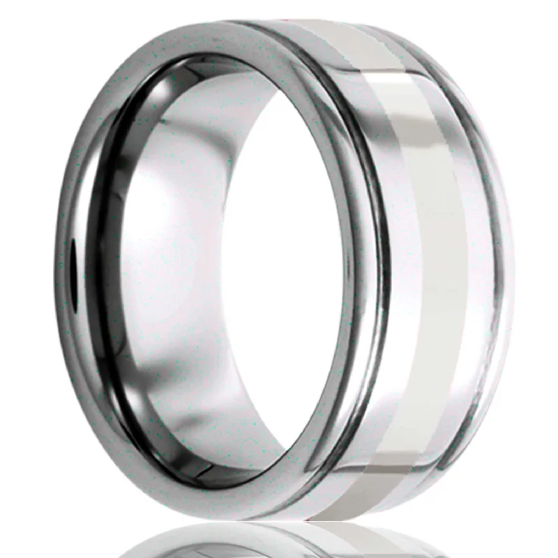 Women’s promise rings with unique settings-Platinum Inlay Grooved Tungsten Wedding Band