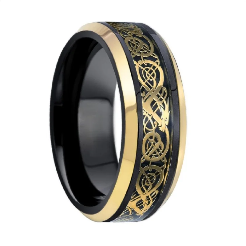 Women’s statement rings with large gemstones-Black & Yellow Gold Tungsten Men's Wedding Band with Celtic Dragon Inlay