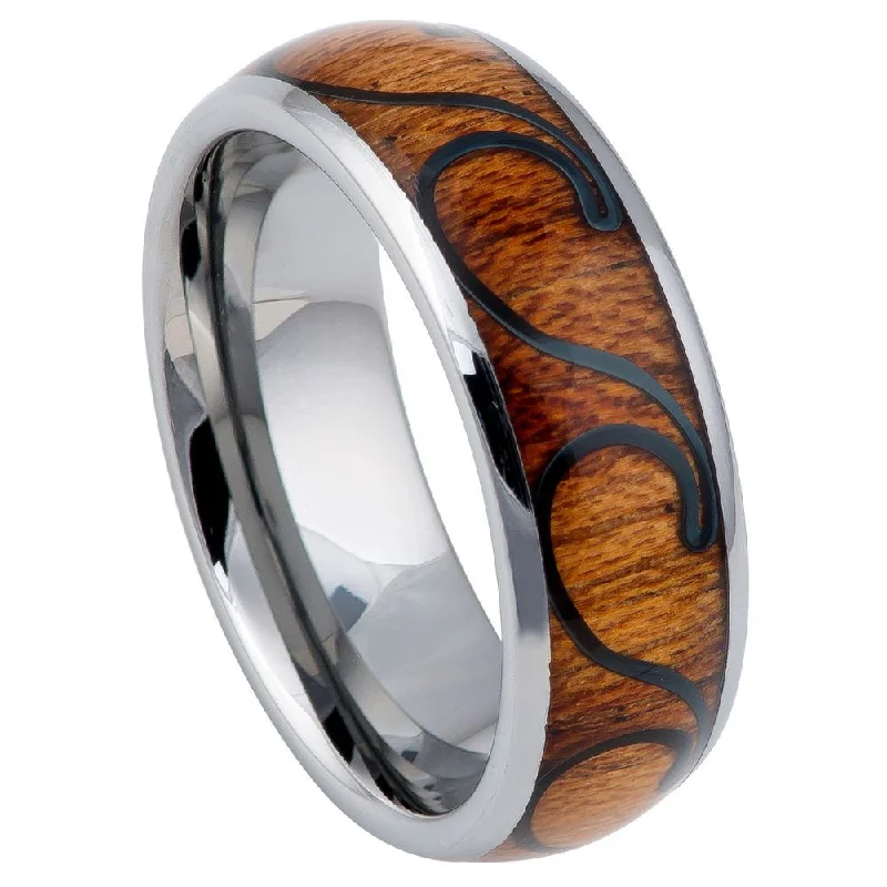 Elegant bands for women with diamonds-Wave Pattern Wood Inlay Men's Tungsten Wedding Band