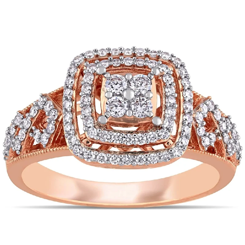 Engagement rings with floral designs-1/2ct TDW Diamond Quad Halo Engagement Ring in 14k Rose Gold by Miadora